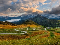 Łąka, Góry, Prowincja Belluno,  Passo di Giau, Włochy, Kręta, Droga, Dolomity, Wzgórza, Chmury