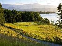 Cameron House Golf Course, Szkocja, Trawa, Drzewa, Jezioro Loch Lomond, Pole golfowe, Lasy, Wschód słońca