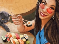Kot, Kobieta, Sushi, Grafika
