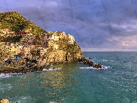 Manarola, Cinque Terre, Domy, Gmina Riomaggiore, Włochy, Skały, Wybrzeże, Morze Liguryjskie, Liguria