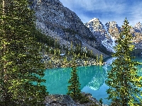 Las, Park Narodowy Banff, Góry, Alberta, Odbicie, Dolina Valley of the Ten Peaks, Dolina Dziesięciu Szczytów, Kanada, Jezioro Moraine, Drzewa