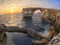 Skały, Wschód słońca, Azure Window, Malta, Rybie oko, Lazurowe Okno, Morze, Most skalny, Efekt graficzny