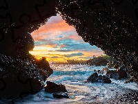 Jaskinia, Wschód słońca, Hawaje, Morze, Skały