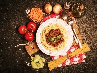 Makaron, Spaghetti, Talerz, Pomidory