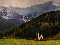 Góry, Kościół św. Jana, Włochy, Dolina Val di Funes, Lasy, Dolomity