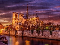 Noc, Francja, Katedra Notre Dame, Rzeka Sekwana, Paryż