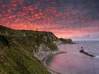 Men Of War Bay, Zachód słońca, Anglia, Wybrzeże Jurajskie, Morze