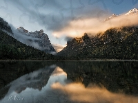 Drzewa, Dolomity, Chmury, Odbicie, Włochy, Lago di Dobbiaco,  Góry, Jezioro Toblacher See, Prowincja Bolzano