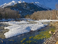 Kaukaz, Rosja, Śnieg, Rzeka Psysh, Drzewa, Góry, Kamienie, Republika Karaczajo-Czerkiesja