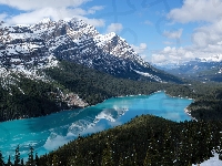 Jezioro Peyto Lake, Kanada, Chmury, Góry, Drzewa, Park Narodowy Banff, Las, Prowincja Alberta