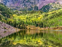 Zbocza, Aspen, Stany Zjednoczone, Drzewa, Jezioro Maroon Lake, Góry, Kolorado