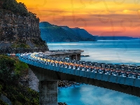 Zachód słońca, Australia, Klif, Góry, Ocean, Most Sea Cliff Bridge, Morze, Nowa Południowa Walia