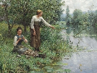 Rzeka, Daniel Ridgway Knight, Malarstwo, Szuwary, Wędka, Kobiety, Łowienie, Obraz