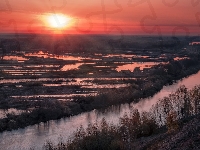 Drzewa, Rosja, Wschód słońca, Rzeka Klaźma, Obwód moskiewski