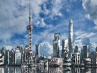 Wieża Oriental Pearl Tower, Odbicie, Chiny, Budynki, Szanghaj, Wieżowce, Dzielnica Pudong