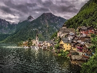 Alpy Salzburskie, Austria, Hallstatt, Góry, Kościół, Jezioro Hallstattersee, Domy, Powiat Gmunden