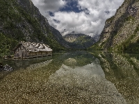 Góry Alpy, Kamienie, Domek, Park Narodowy Berchtesgaden, Niemcy, Szopa, Jezioro Obersee, Drewniana, Bawaria