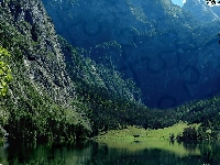 Park Narodowy Berchtesgaden, Niemcy, Alpy Berchtesgadeńskie, Lasy, Góry, Jezioro Konigssee, Drzewa, Bawaria