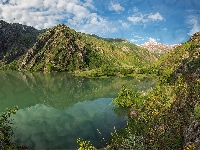 Chmury, Jezioro Urunghach, Uzbekistan, Góry, Roślinność, Czatkalski Rezerwat Biosfery