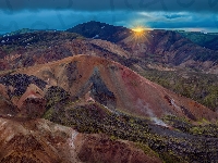 Skały, Góry, Islandia, Kolorowe, Góra Landmannalaugar, Promienie słońca