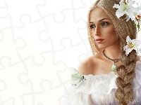 Białe, Tło, Biała, Zamyślona, Wisiorek, Grafika, Warkocz, Blondynka, Białe, Motyle, Bluzka, Dziewczyna, Lilie, Portret