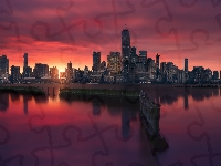 Nowy Jork, Cieśnina East River, Miasto nocą, Lower Manhattan, Stany Zjednoczone, Manhattan, Wieżowce