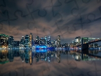Domy, Stany Zjednoczone, Manhattan, Rzeka, Most Manhattan Bridge, Manhattan, Cieśnina East River, Nowy Jork