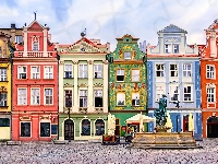 Poznań, Domy, Fontanna, Kamienice, Polska, Rynek, Pomnik