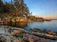 Cieśnina Strait of Georgia, Drzewa, Kanada, Skały, Latarnia morska Point Atkinson, Vancouver