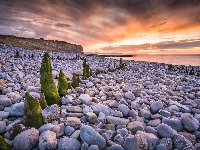 Brzeg, Kamienie, Zachód słońca, Plaża, Morze, Klif