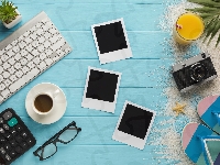 Klapki, Palmy, Kalkulator, Zdjęcia, Kaktus, Aparat fotograficzny, Okulary, Klawiatura, Klisze, Rozgwiazdy, Kawa