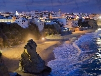 Panorama, Wybrzeże, Noc, Morze, Albufeira, Miasta, Skały