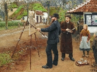 Malujący, Hans Andersen Bradekilde, Sztaluga, Obraz, Dzieci, Droga, Mężczyźni, Malarstwo, Wieś, Lauritz Andersen Ring