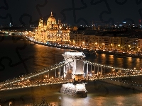 Budapeszt, Budynki, Noc, Most Łańcuchowy, Rzeka Dunaj, Węgry, Parlament, Światła