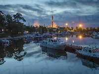 Sapokka Harbor, Światła, Finlandia, Świt, Przystań, Motorówki, Kotka