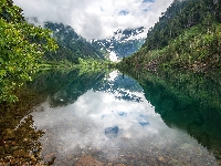 Jezioro Goat Lake, Stany Zjednoczone, Park Narodowy Północnych Gór Kaskadowych, Drzewa, Kamienie, Góry, Odbicie, Stan Waszyngton