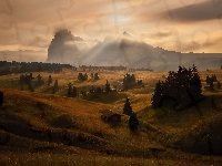 Dolomity, Góry Sassolungo, Wschód słońca, Domy, Włochy, Dolina Val Gardena, Płaskowyż Seiser Alm, Wzgórza, Drzewa