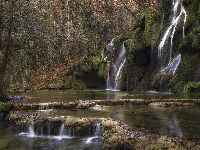 Kaskada, Francja, Miejscowość Baume Les Messieurs, Cascade des tufs, Las, Wodospad, Rzeka, Departament Jura