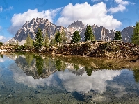 Jezioro, Dolomity, Chmury, Odbicie, Włochy, Drzewa, Góry, Lago Limides, Tyrol
