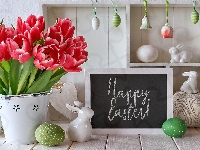 Happy Easter, Pisanki, Kompozycja, Wazon, Wielkanoc, Tablica, Napis, Tulipany, Zajączki, Zawieszki