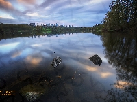 Zarośla, Kanada, Deer Lake Park, Kamienie, Jezioro Deer, Zachód słońca, Odbicie, Burnaby