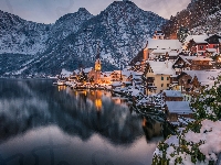 Alpy, Hallstatt, Zima, Austria, Góry, Jezioro Hallstattersee