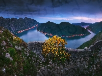 Rzeka, Zatoka Kotorska, Noc, Światła, Roślinność, Drzewo, Góry, Czarnogóra, Kamienie