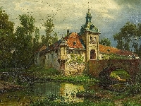 Obraz, Drzewa, Most, Malarz, Fosa, Malarstwo, August Levin von Wille, Zamek