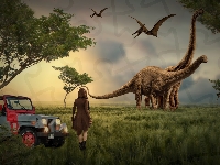 Wschód słońca, Jeep, Trawy, Dinozaury, Grafika, Dziewczyna, Drzewa