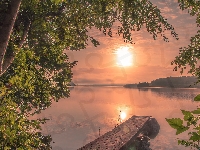 Pomost, Jezioro, Drzewa, Wschód słońca