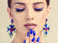 Makijaż, Kolczyki, Dziewczyna, Niebieski, Manicure