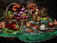 Buraki, Serweta, Przyprawy, Warzywa, Nóż, Kompozycja, Pomidory, Cebula, Olej, Koszyk, Sól, Papryka, Sałata, Pieprz