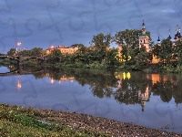 Latarnie, Most, Cerkiew Objawienia Pańskiego, Wołogda, Rosja, Drzewa, Rzeka Wołogda, Poranek, Obwód wołogodzki