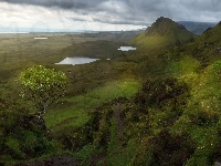 Roślinność, Jeziora, Wyspa Skye, Osuwisko, Szkocja, Chmury, Wzgórza, Drzewo, Quiraing